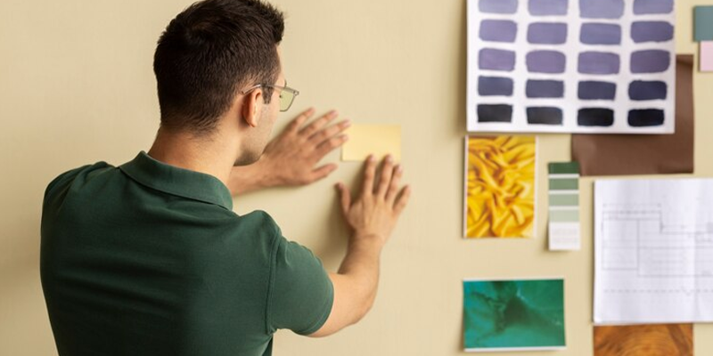 Hombre pegando papeles en la pared para decidir la decoración.