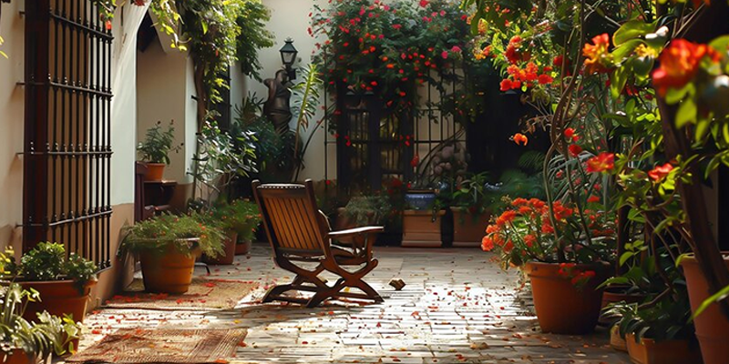 Patio con plantas, macetas y una silla de madera en el centro.