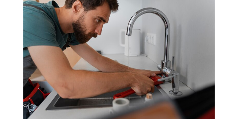 Hombre reparando la grifería con una llave.